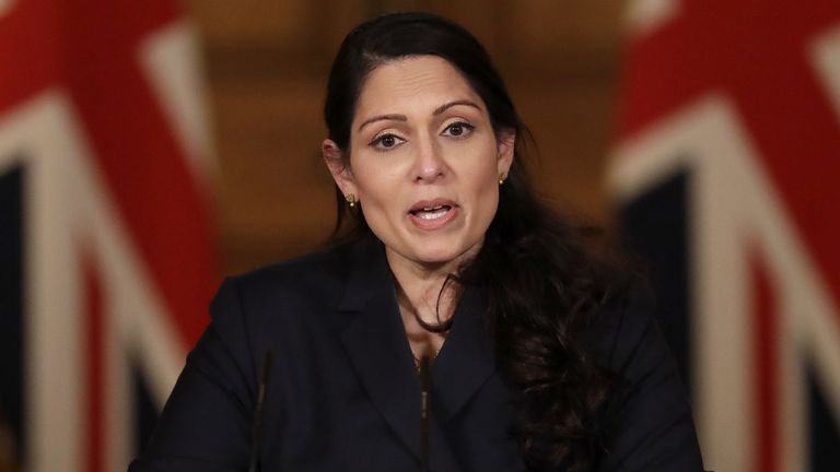 Home Secretary Priti Patel during a media briefing on coronavirus (Covid-19) in Downing Street, London. Picture date: Thursday January 21, 2021.