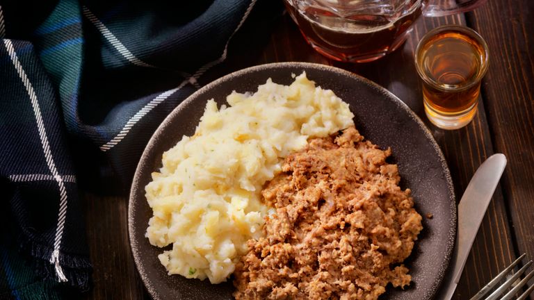 Traditional Haggis and Neeps with Whiskey and a beer -Photographed on Hasselblad H3D2-39mb Camera