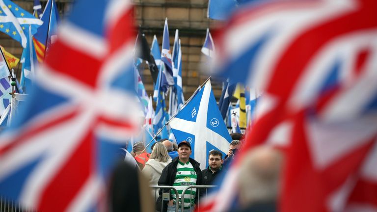 Independence and Union supporters in George Square in Glasgow, Scotland during an 'Exit Brexit' march for Scottish independence. PA Photo. Picture date: Saturday November 2, 2019. See PA story POLITICS Independence. Photo credit should read: Andrew Milligan/PA Wire