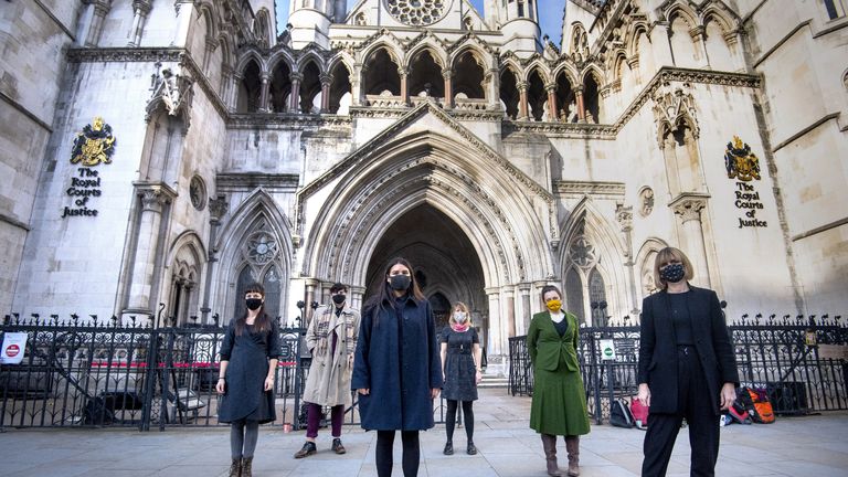 File photo dated 24/11/20 of six members of the so-called Stansted 15 (left to right) May MacKeith, Ben Smoke, Helen Brewer, Emma Hughes, Mel Evans, and Ruth Potts outside the Royal Courts of Justice in London. The protesters taken to court after preventing a deportation flight from taking off from Stansted Airport are to learn the outcome of their Court of Appeal challenge against their convictions.