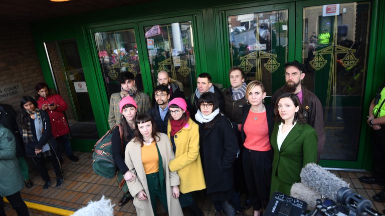 Some of the 'Stansted 15' outside Chelmsford Crown Court in Essex, ahead of the sentencing of the group of protesters who locked themselves to a deportation flight, which held 60 people whose immigration status had been ruled illegal, at Stansted Airport in March 2017.