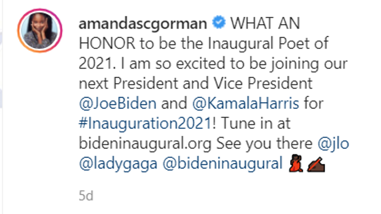 Amanda Gorman US poet Laureate who performed at President Joe Biden's inauguration. PIC: Amanda Gorman Instagram