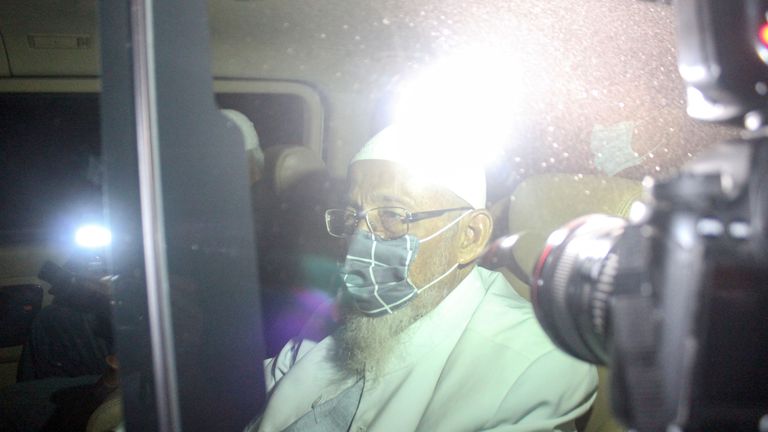 Abu Bakar Bashir is seen inside a car as he is released from prison in Bogor
Abu Bakar Bashir, the radical Muslim cleric and alleged mastermind of the 2002 Bali bombings, is seen inside a car as he is released after was jailed for 15 years, at Gunung Sindur prison in Bogor, West Java province, Indonesia, January 8, 2021, in this photo taken by Antara Foto. Antara Foto/Yulius Satria Wijaya/ via REUTERS ATTENTION EDITORS - THIS IMAGE WAS PROVIDED BY A THIRD PARTY. MANDATORY CREDIT. INDONESIA OUT.