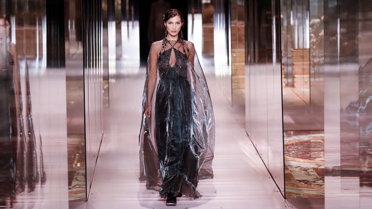 Model Bella Hadid wears a creation for Fendi&#39;s Spring-Summer 2021 Haute Couture fashion collection. Pic: AP