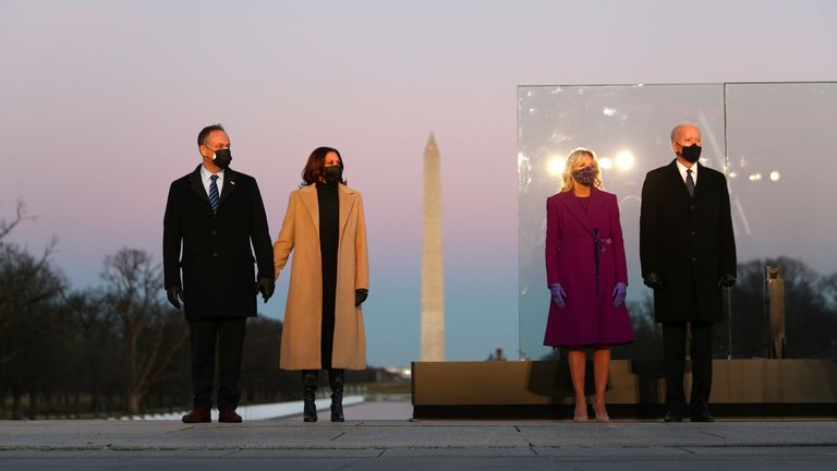 Joe Biden and Kamala Harris and their spouses attended a COVID memorial event on Tuesday