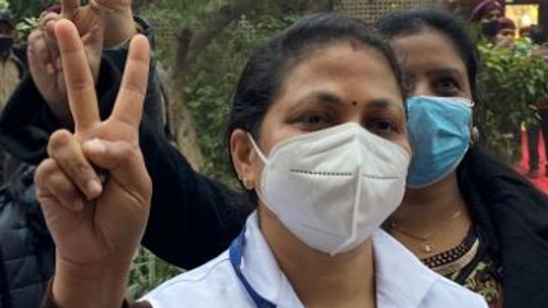 Biji Tony was the first nurse to be vaccinated at Lok Nayak Jai Prakash Hospital in Delhi