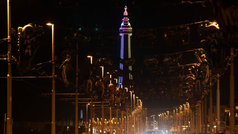 Blackpool Tower stands lit alone in November after the town&#39;s annual Illuminations were switched off