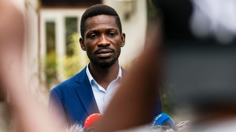 Uganda...s leading opposition challenger Bobi Wine  giving a press conference outside Kampala, Uganda, Friday Jan. 15, 2021, one day after Ugandans went to the polls. (AP Photo/Jerome Delay)