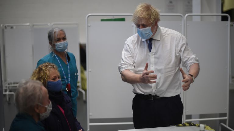 Boris Johnson during a visit to a mass vaccination centre in Bristol