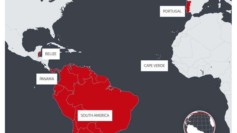 Map showing the countries affected by the UK travel ban introduced to combat the spread of the Brazilian variant of COVID-19