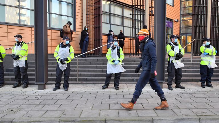 Police outside Bristol Magistrates' Court, where Rhian Graham, Milo Ponsford, Jake Skuse and Sage Willoughby are due to appear charged with criminal damage over the toppling of the Edward Colston statue in Bristol during the Black Lives Matter protests in June last year. Picture date: Monday January 25, 2021.