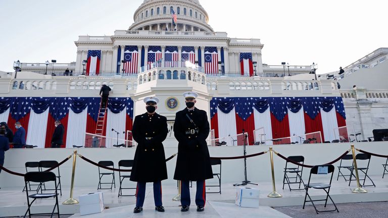 Guards stand at the west front of the Capitol before the inauguration of U.S. President-elect Joe Biden, in Washington, U.S. January 20, 2021. REUTERS/Brendan Mcdermid