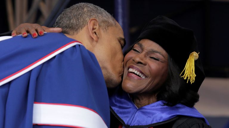 President Barack Obama greets the actress at a 2016 graduation event at Howard University in Washington DC