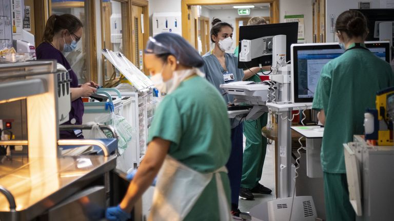 Staff nurses work in the corridor in the Acute Dependency Unit at St George&#39;s Hospital