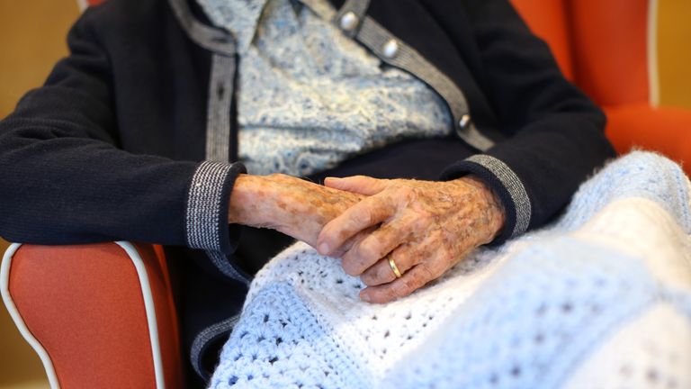 The hands of an elderly woman at a nursing home in south London, as research has revealed that care home residents were more likely to die of Covid-19 in the UK than in any of the major European countries apart from Spain. Picture date: Wednesday July 1, 2020.