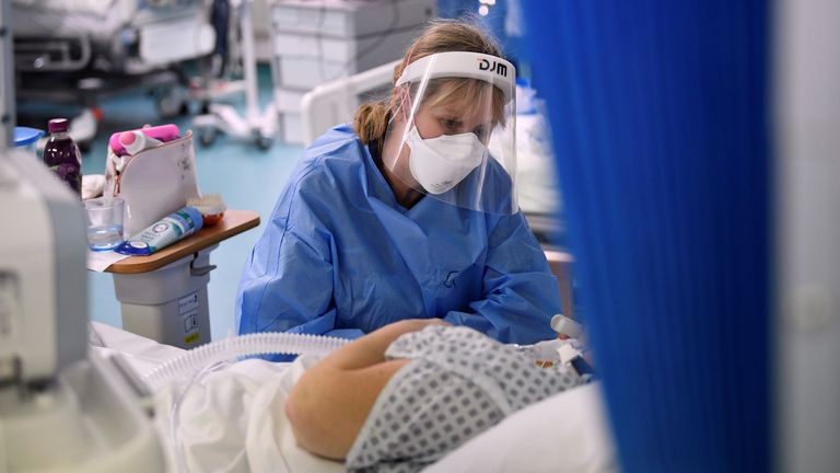 Medical staff treat seriously ill COVID-19 patients at Milton Keynes University Hospital, amid the spread of the coronavirus disease (COVID-19) pandemic