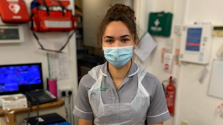 Third year medical student and part-time carer Eva Koffi who works at Northfield nursing home in Sheffield