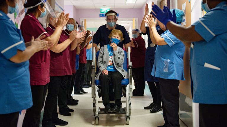 PA REVIEW OF THE YEAR 2020 File photo dated 08/12/20 of Margaret Keenan, 90, applauded by staff as she returned to her ward after she became the first person in the United Kingdom to receive the Pfizer/BioNtech covid-19 vaccine at University Hospital, Coventry, at the start of the largest ever immunisation programme in the UK&#39;s 