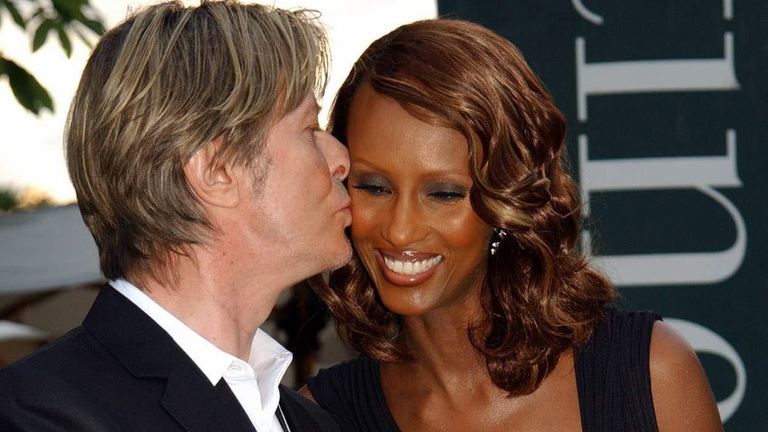 David Bowie and Iman arriving for the Serpentine Gallery Summer Party in Hyde Park. The annual fund-raiser is being held on the gallery's lawn in a glass and steel pavilion designed by Japanese architect Toyo Ito and Arup.