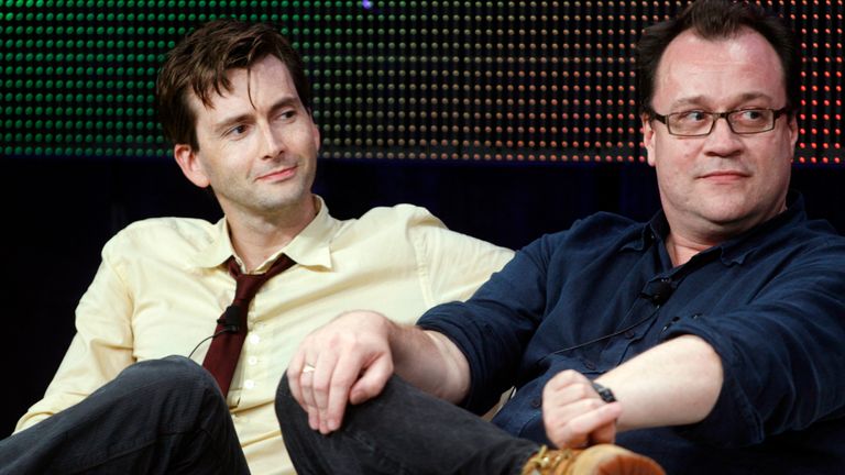 Actor David Tennant, star of the BBC America network drama series "Doctor Who" (L) and lead writer and executive producer of the series, Russell T. Davies, take part in a discussion on the series at the Television Critics Association Cable summer press tour in Pasadena, California July 29, 2009