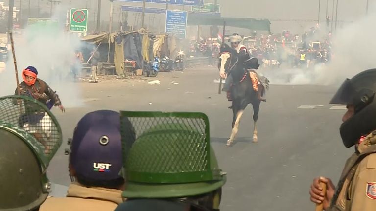 Sky News was on the ground in Delhi as Protesters armed with sticks and driving tractors raged against police.