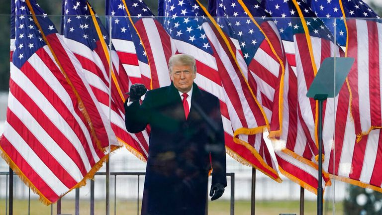 President Donald Trump is pictured addressing supporters before violence broke out