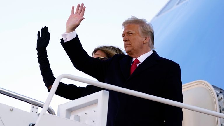 President Donald Trump and first lady Melania Trump board Air Force One at Andrews Air Force Base. Pic: AP