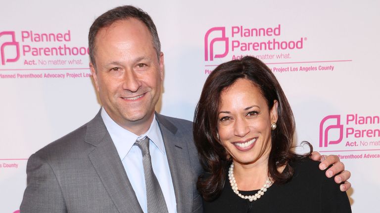 Doug Emhoff and Kamala Harris pictured in October 2014, soon after their wedding. Pic: AP
