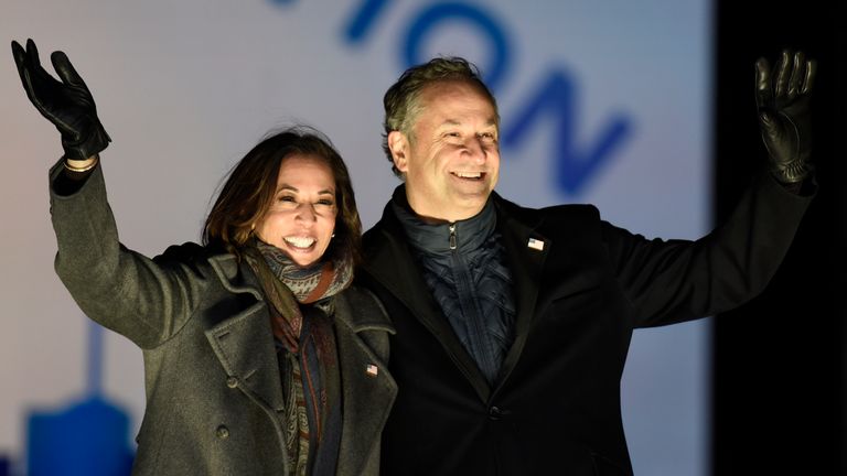 Doug Emhoff and Kamala Harris on election night. Pic: AP