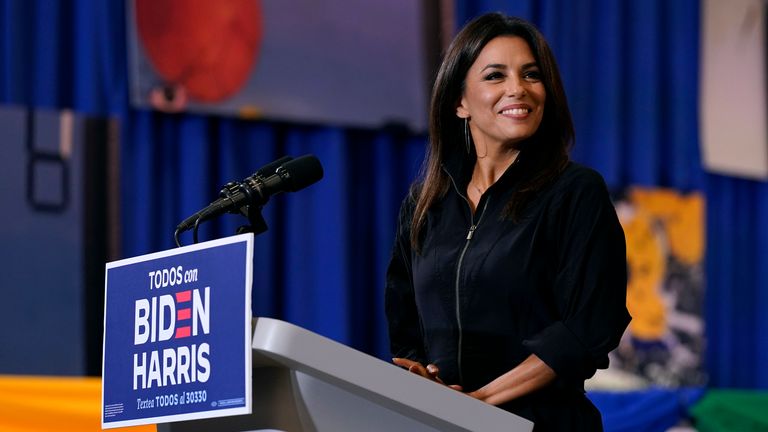 Actress Eva Longoria speaks during a Hispanic Heritage Month event featuring Democratic presidential candidate former Vice President Joe Biden, Tuesday, Sept. 15, 2020, at Osceola Heritage Park in Kissimmee, Fla. (AP Photo/Patrick Semansky)