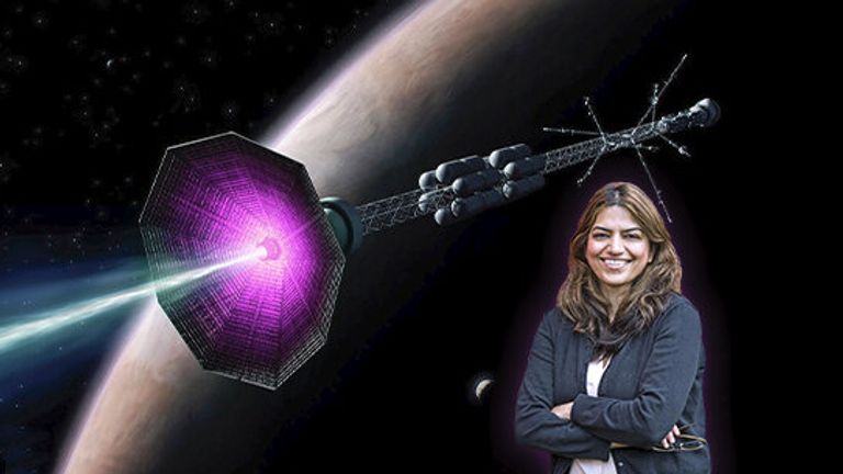 PPPL physicist Fatima Ebrahimi in front of an artist&#39;s conception of a fusion rocket. Credit: Elle Starkman (PPPL Office of Communications) and ITER