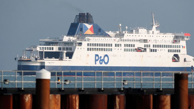 A P&O ferry leaves the Port of Dover following the end of the Brexit transition period, Dover, Britain, January 1, 2021. REUTERS/Peter Cziborra