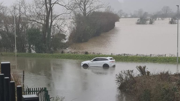 Machynlleth, Wales. Car stuck in floodwater. Pic: Twitter/ @marcwales15