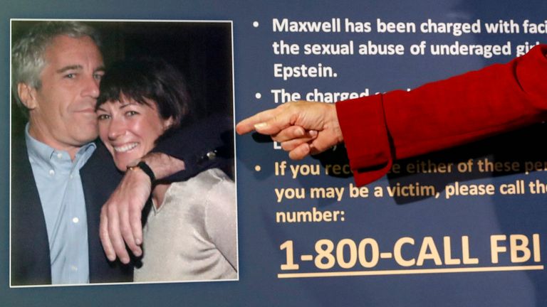 FILE - In this July 2, 2020, file photo, Audrey Strauss, acting United States Attorney for the Southern District of New York, points to a photo of Jeffrey Epstein and Ghislaine Maxwell during a news conference in New York. On Tuesday, Nov. 24, 2020, one of Maxwell...s attorneys said that her client is awakened every 15 minutes in jail while she sleeps to ensure she&#39;s breathing. (AP Photo/John Minchillo, File)                                               