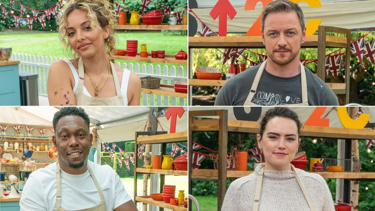 Jade Thirlwall, James McAvoy, Dizzee Rascal and Daisy Ridley are among the stars of the new series of The Great Celebrity Bake Off For Stand Up To Cancer. Pic: Channel 4