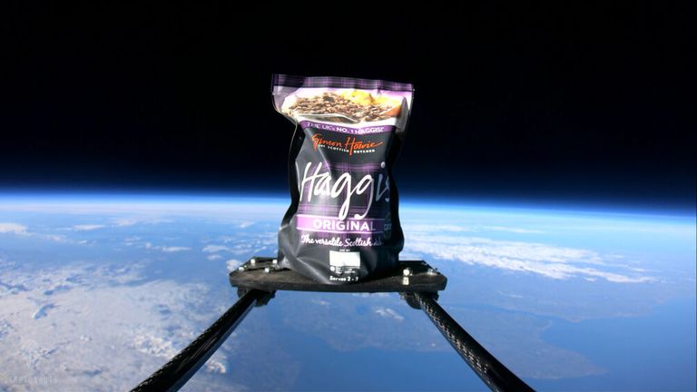 For the first time ever, a packet of haggis has been launched more than 20 miles above the earth. Pic: Stratonauts/Simon Howie