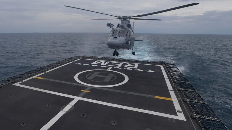 A helicopter takes off for an aerial search of the Sriwijaya Air SJ-182, which crashed into the sea, off the Jakarta coast, Indonesia, January 10, 2021, in this photo taken by Antara Foto/Sigid Kurniawan/via Reuters. ATTENTION EDITORS - THIS IMAGE WAS PROVIDED BY THIRD PARTY. MANDATORY CREDIT. INDONESIA OUT.
