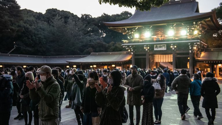 People pray for the New Year at Meiji Shrine in Tokyo, Japan