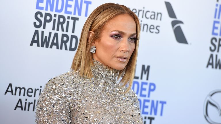 Jennifer Lopez arrives at the 35th Film Independent Spirit Awards on Saturday, Feb. 8, 2020, in Santa Monica, Calif. (Photo by Jordan Strauss/Invision/AP)