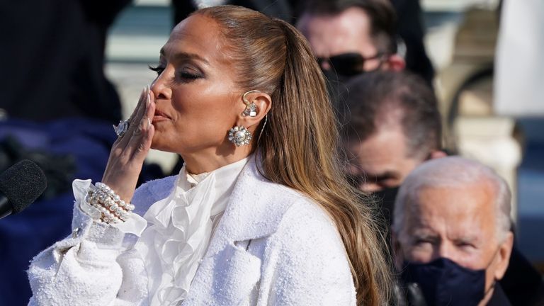 Jennifer Lopez gestures during the inauguration of Joe Biden as the 46th President of the United States on the West Front of the U.S. Capitol in Washington, U.S., January 20, 2021. REUTERS/Kevin Lamarque