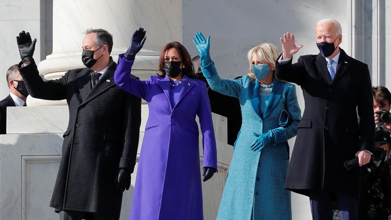 Inauguration of Joe Biden as the 46th President of the United States
President-elect Joe Biden, his wife Jill Biden, Vice President-elect Kamala Harris and her husband Doug Emhoff salute as they arrive ahead of the inauguration of Biden, in Washington, U.S., January 20, 2021. REUTERS/Mike Segar