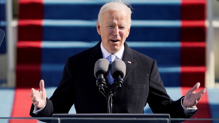 U.S. President Joe Biden speaks during the 59th Presidential Inauguration in Washington, U.S., January 20, 2021. Patrick Semansky/Pool via REUTERS