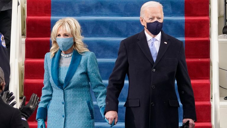 President-elect Joe Biden and his wife Jill, walk out for the 59th Presidential Inauguration at the U.S. Capitol in Washington. Pic: AP