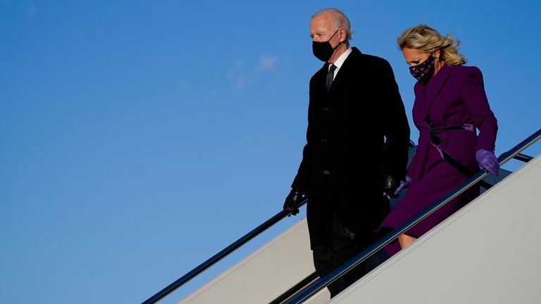 President-elect Joe Biden arrives at Andrews Air Force Base with his wife Jill on the day before his inauguration