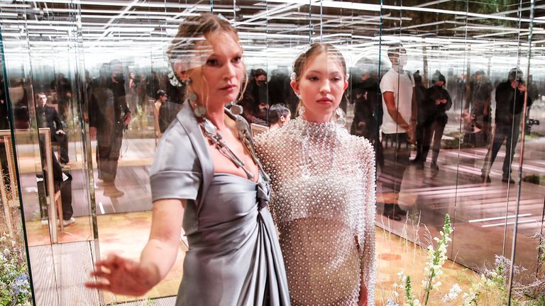 Model Kate Moss, left, and her daughter Lila Grace Moss wear creations for Fendi&#39;s Spring-Summer 2021 Haute Couture fashion collection. Pic: AP


