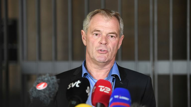 Danish Police investigator Jens Moller Monday evening Aug. 21. 2017 in front of the Police Head Quarter, Politigaarden, Copenhagen, Denmark. The police received Monday a notification of a female in the water south of southwest Amager. Pic: AP