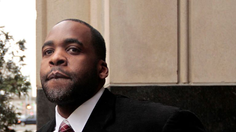 Former Detroit Mayor Kwame Kilpatrick leaves the U.S. District Court after he was convicted on federal racketeering and other charges in Detroit