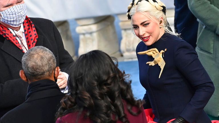 AP PIC: US singer Lady Gaga talks to Former US President Barack Obama during the Joe Biden&#39;s Inauguration ceremony as the 46th US President on January 20, 2021, at the US Capitol in Washington, DC. - Biden, a 78-year-old former vice president and longtime senator, takes the oath of office at noon (1700 GMT) on the US Capitol&#39;s western front, the very spot where pro-Trump rioters clashed with police two weeks ago before storming Congress in a deadly insurrection. (Photo by Saul LOEB / POOL / AFP)