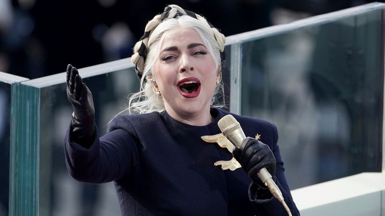 Lady Gaga sings the national anthem during the 59th Presidential Inauguration at the U.S. Capitol for President-elect Joe Biden in Washington. Pic AP