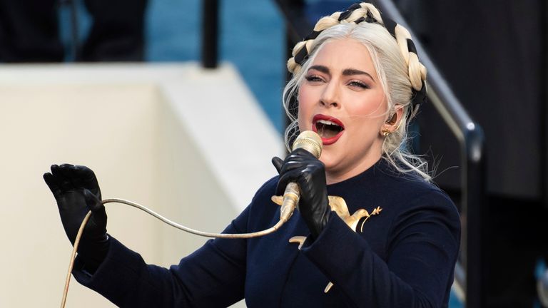 Lady Gaga sings the national anthem during Joe Biden&#39;s inauguration. Pic: AP